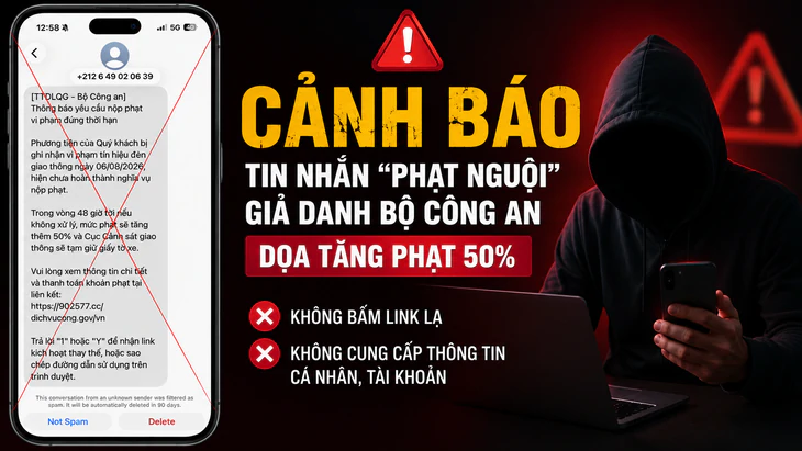 Cảnh báo tin nhắn 'phạt nguội' giả danh Bộ Công an, dọa tăng phạt 50%