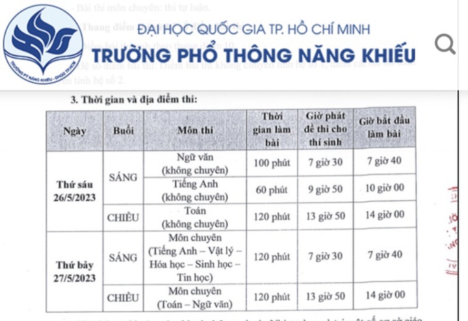 Trường Phổ thông năng khiếu công bố chỉ tiêu tuyển sinh lớp 10